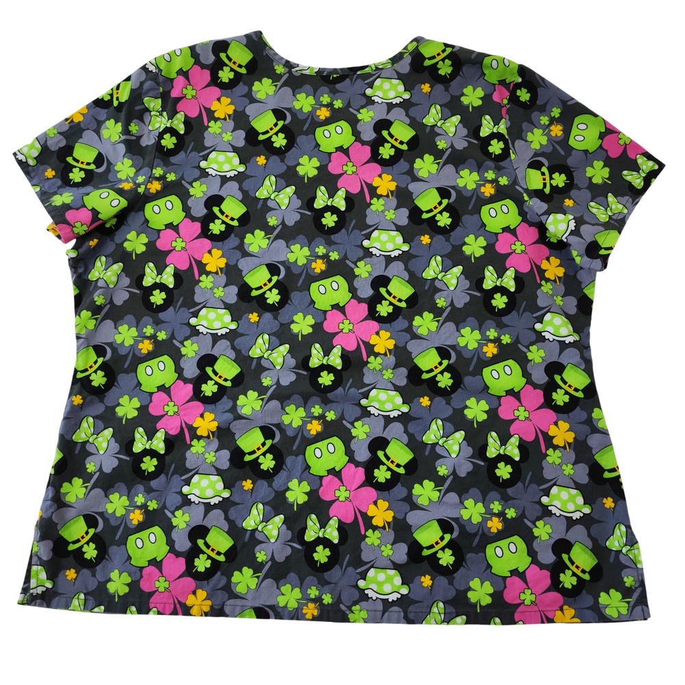 Disney Mickey Minnie St Patricks Day Scrub Top V-Neck Grey Green Pink XL - Picture 2 of 5